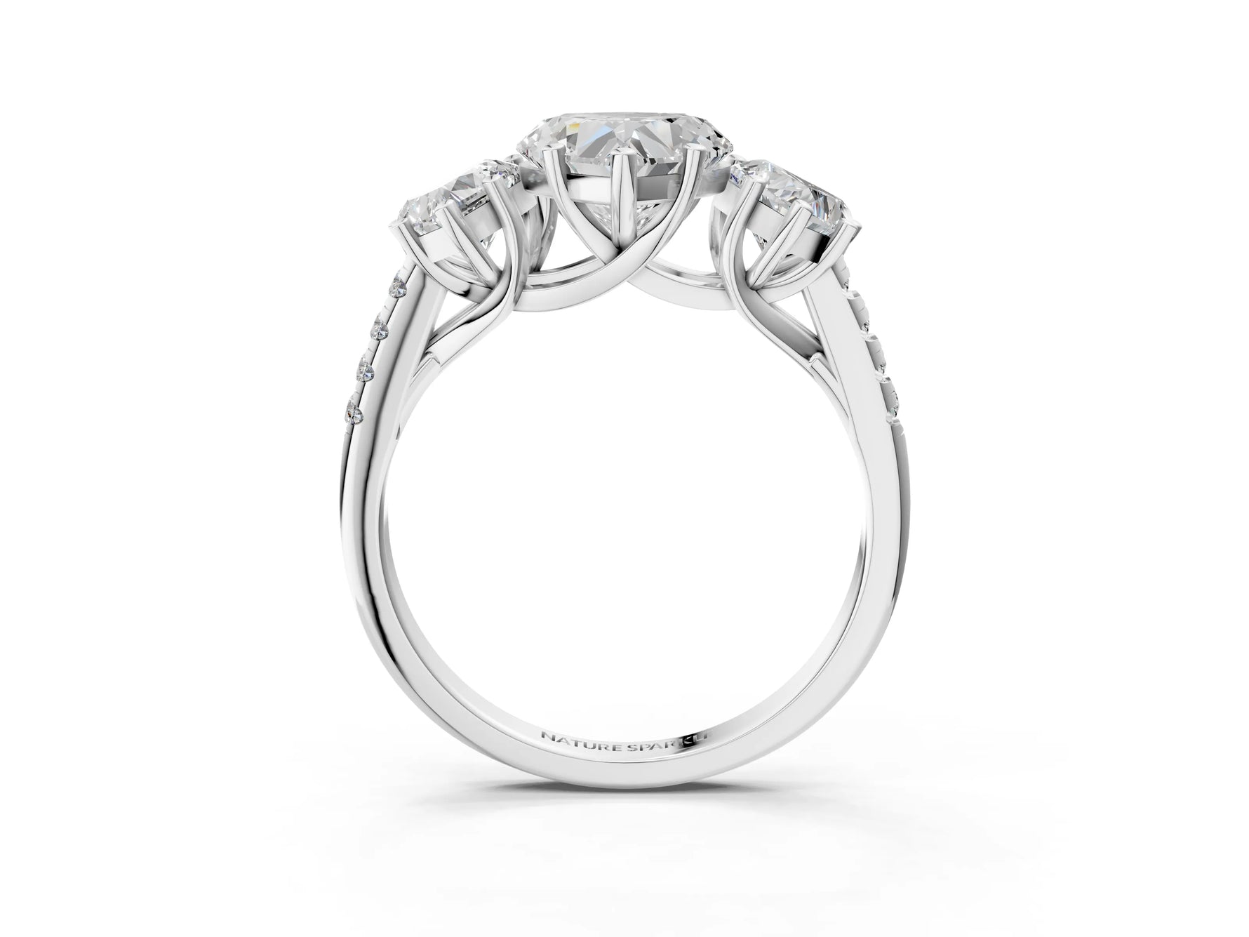 Heart Cut Diamond Trellis Three-Stone Engagement Ring in White gold with Round Side Stones_9