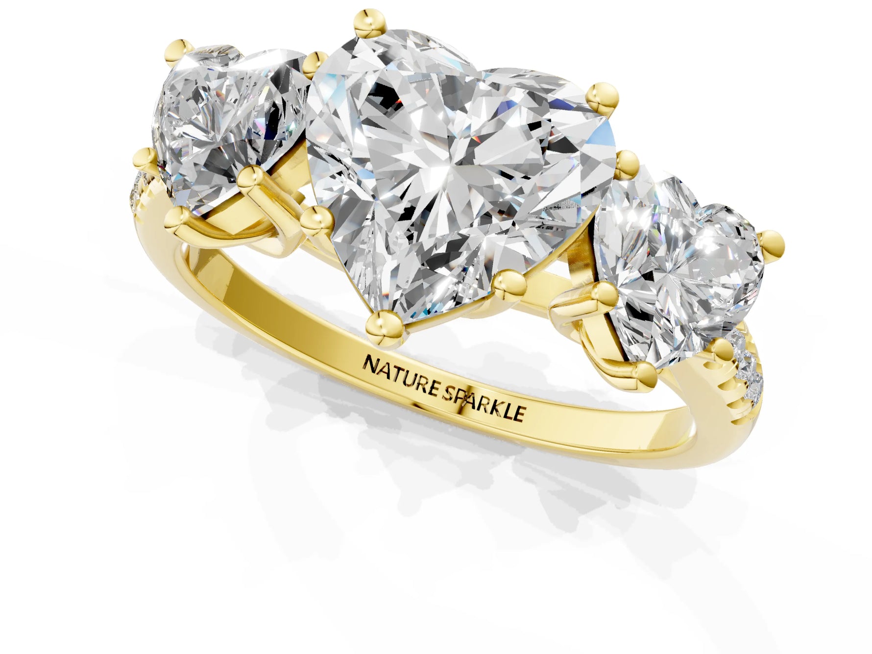 Heart Cut Diamond Trellis Three-Stone Engagement Ring in Yellow gold with Round Side Stones_13