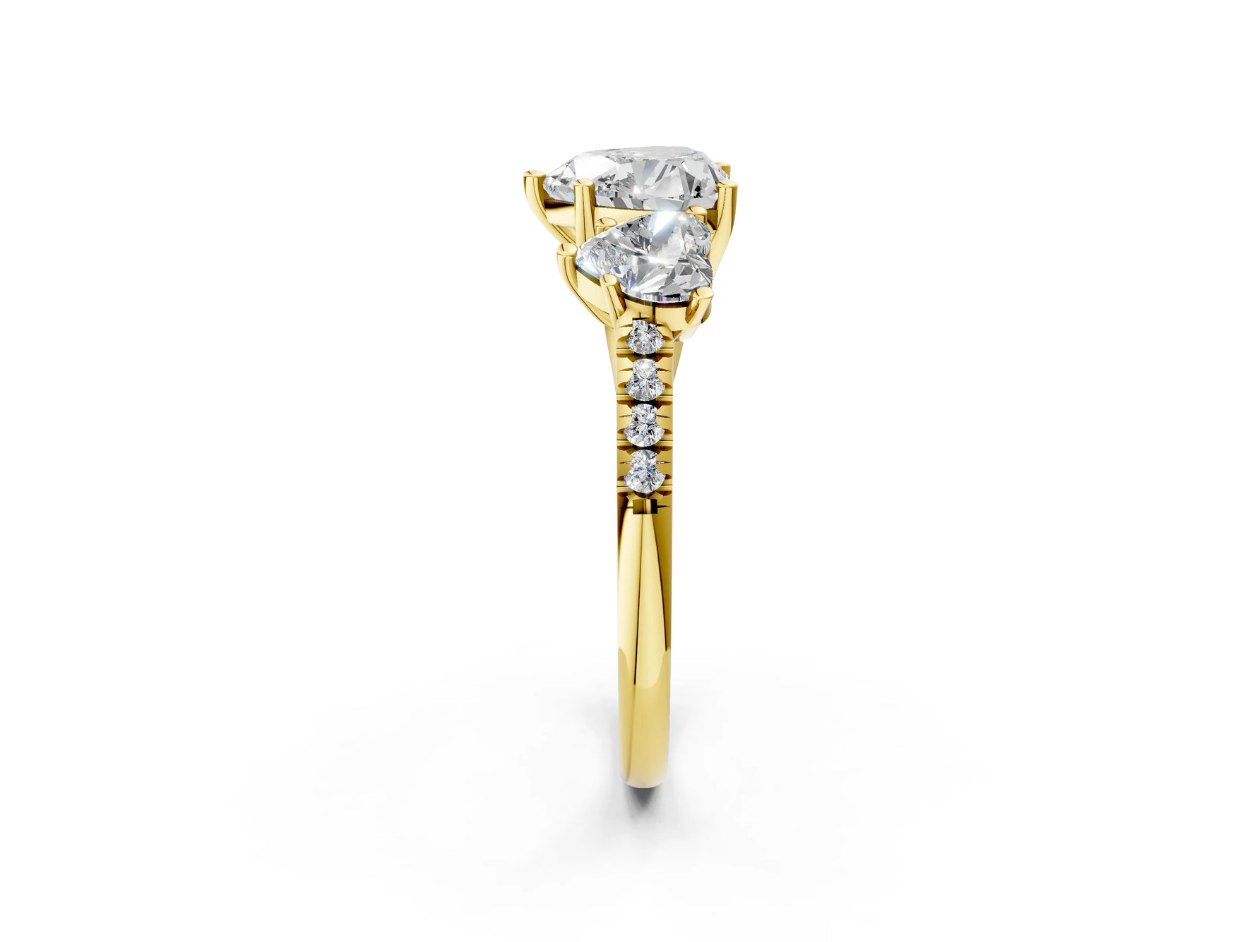 Heart Cut Diamond Trellis Three-Stone Engagement Ring in Yellow gold with Round Side Stones_14