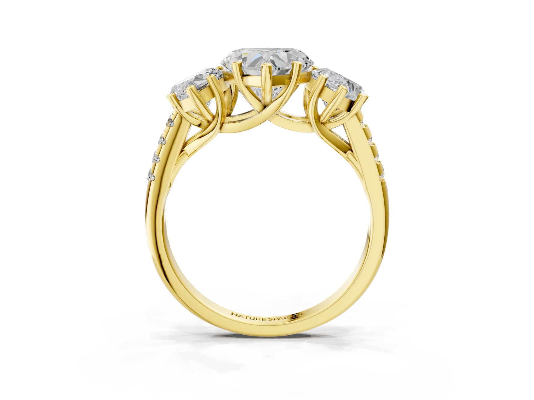 Heart Cut Diamond Trellis Three-Stone Engagement Ring in Yellow gold with Round Side Stones_15