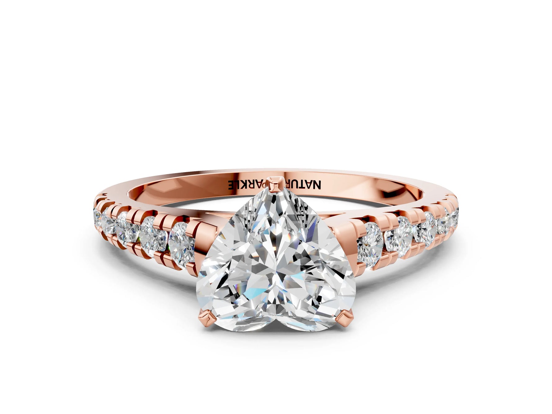 Heart Cut Diamond Vintage Scroll Solitaire Ring in Rose gold with Graduated Round Side Stones_12