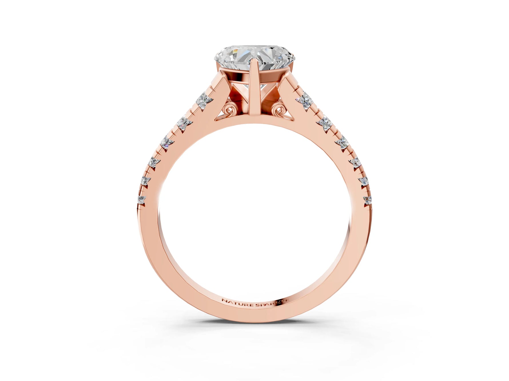 Heart Cut Diamond Vintage Scroll Solitaire Ring in Rose gold with Graduated Round Side Stones_15