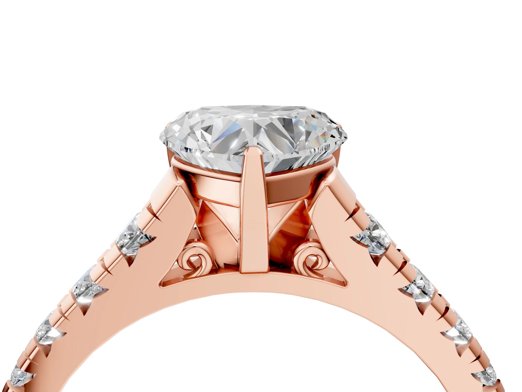 Heart Cut Diamond Vintage Scroll Solitaire Ring in Rose gold with Graduated Round Side Stones_16