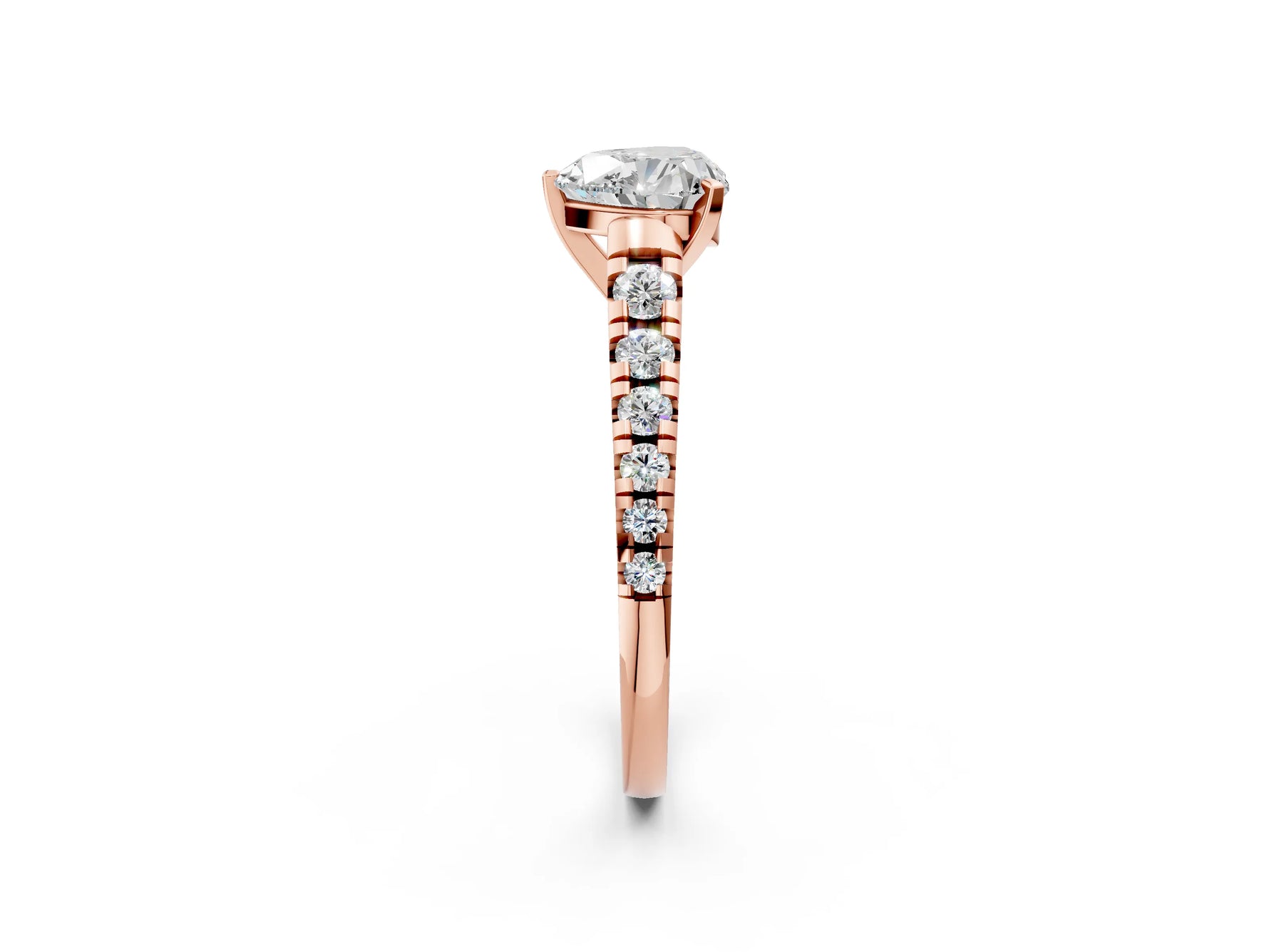 Heart Cut Diamond Vintage Scroll Solitaire Ring in Rose gold with Graduated Round Side Stones_26