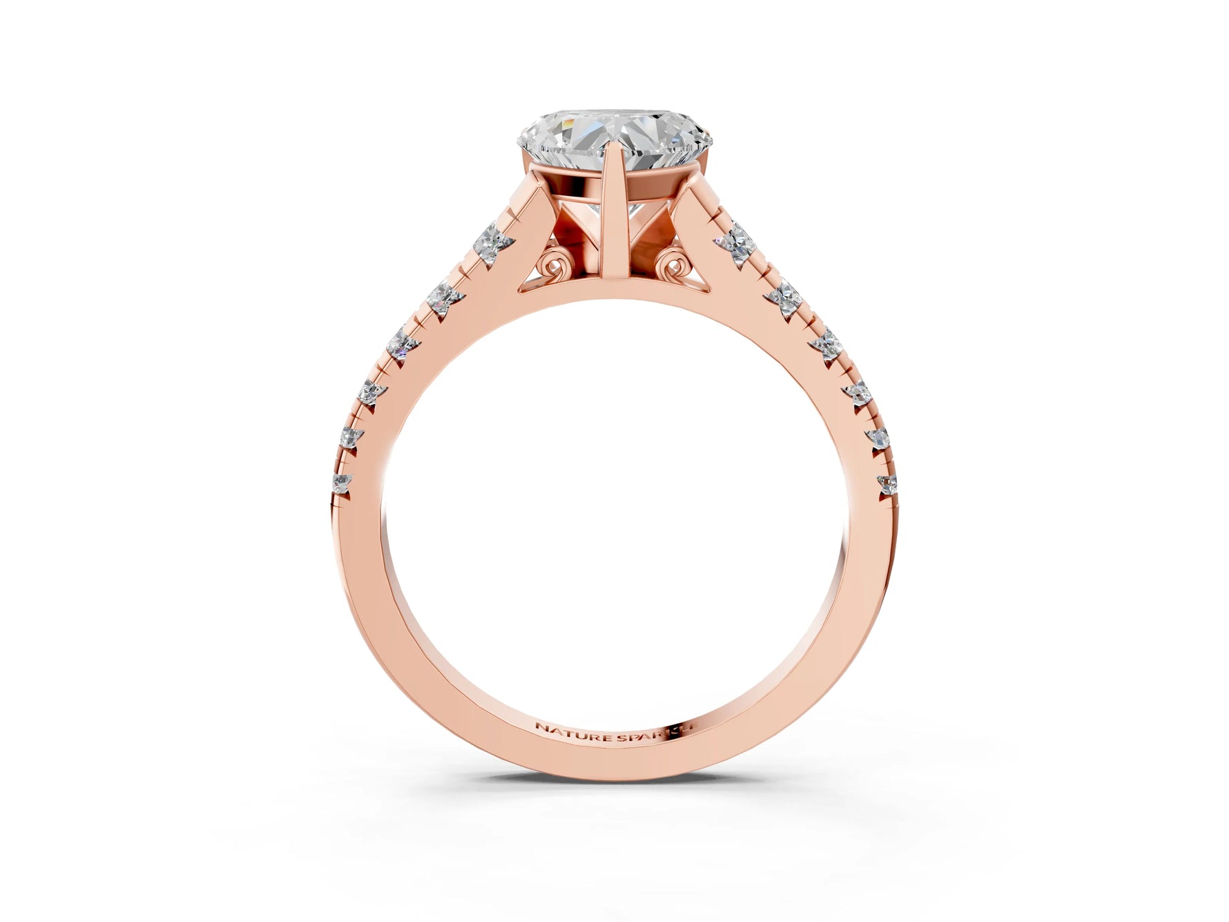 Heart Cut Diamond Vintage Scroll Solitaire Ring in Rose gold with Graduated Round Side Stones_27