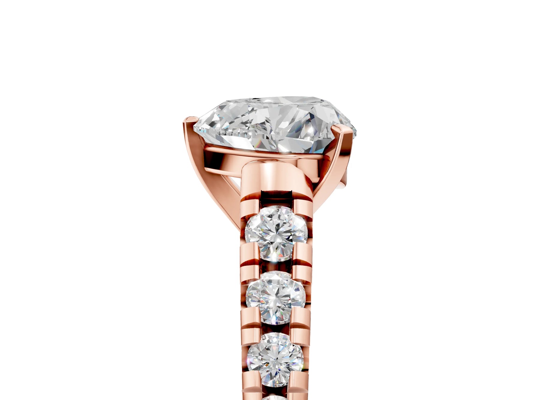 Heart Cut Diamond Vintage Scroll Solitaire Ring in Rose gold with Graduated Round Side Stones_29