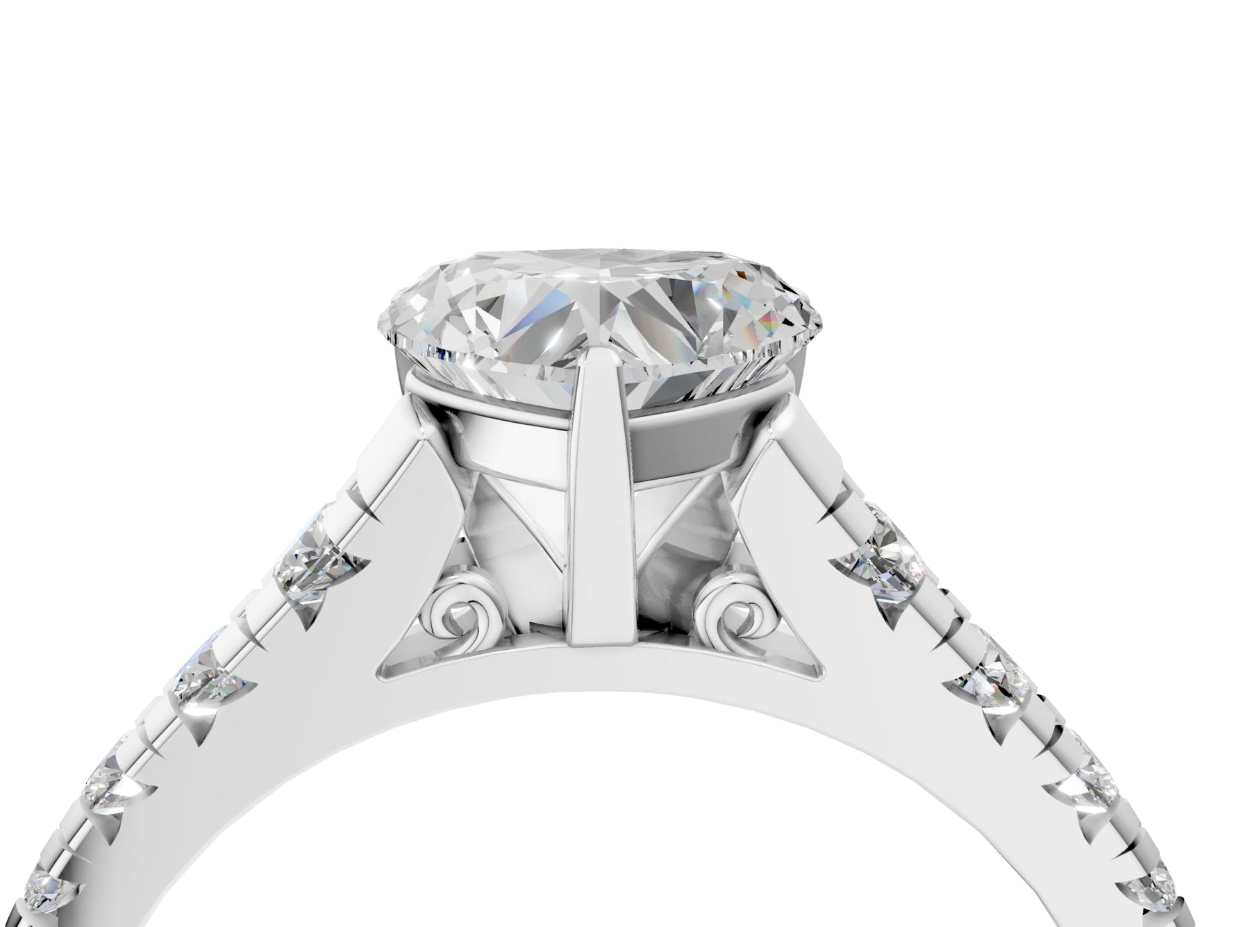 Heart Cut Diamond Vintage Scroll Solitaire Ring in White gold with Graduated Round Side Stones_10