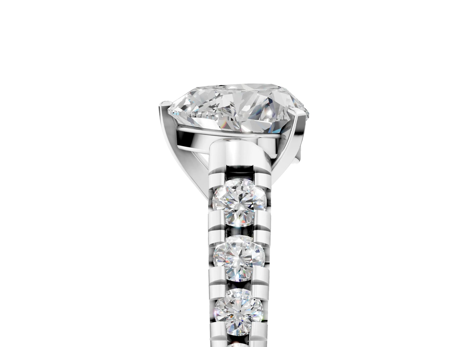 Heart Cut Diamond Vintage Scroll Solitaire Ring in White gold with Graduated Round Side Stones_11