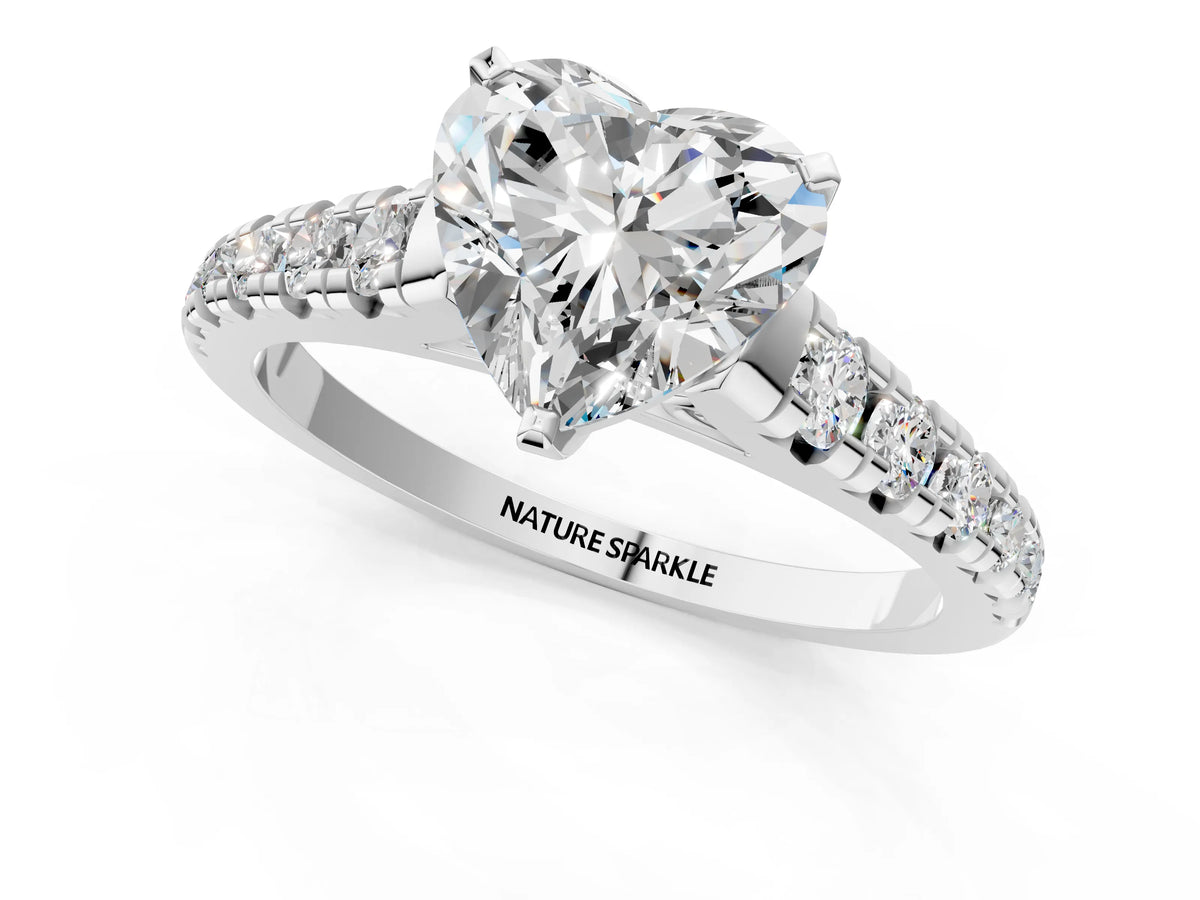 Heart Cut Diamond Vintage Scroll Solitaire Ring in White gold with Graduated Round Side Stones_19