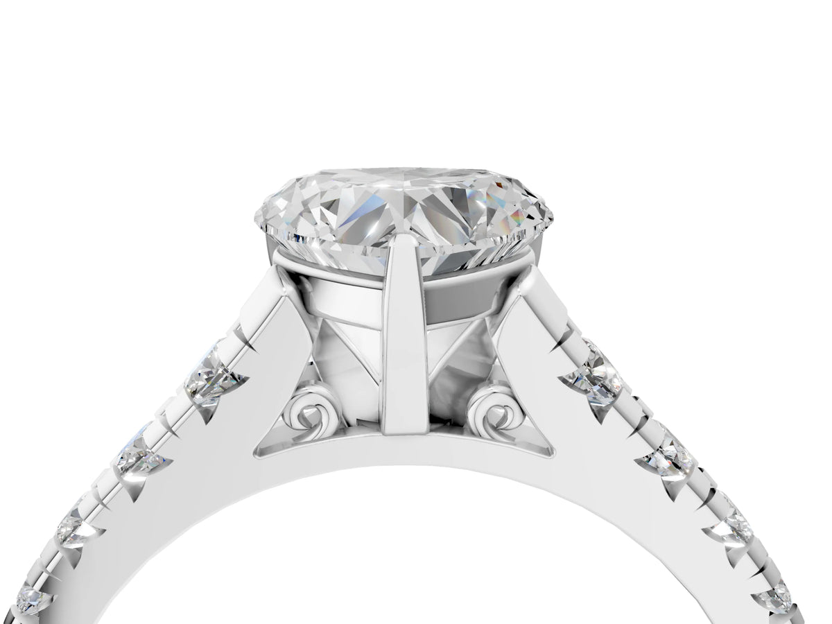 Heart Cut Diamond Vintage Scroll Solitaire Ring in White gold with Graduated Round Side Stones_22