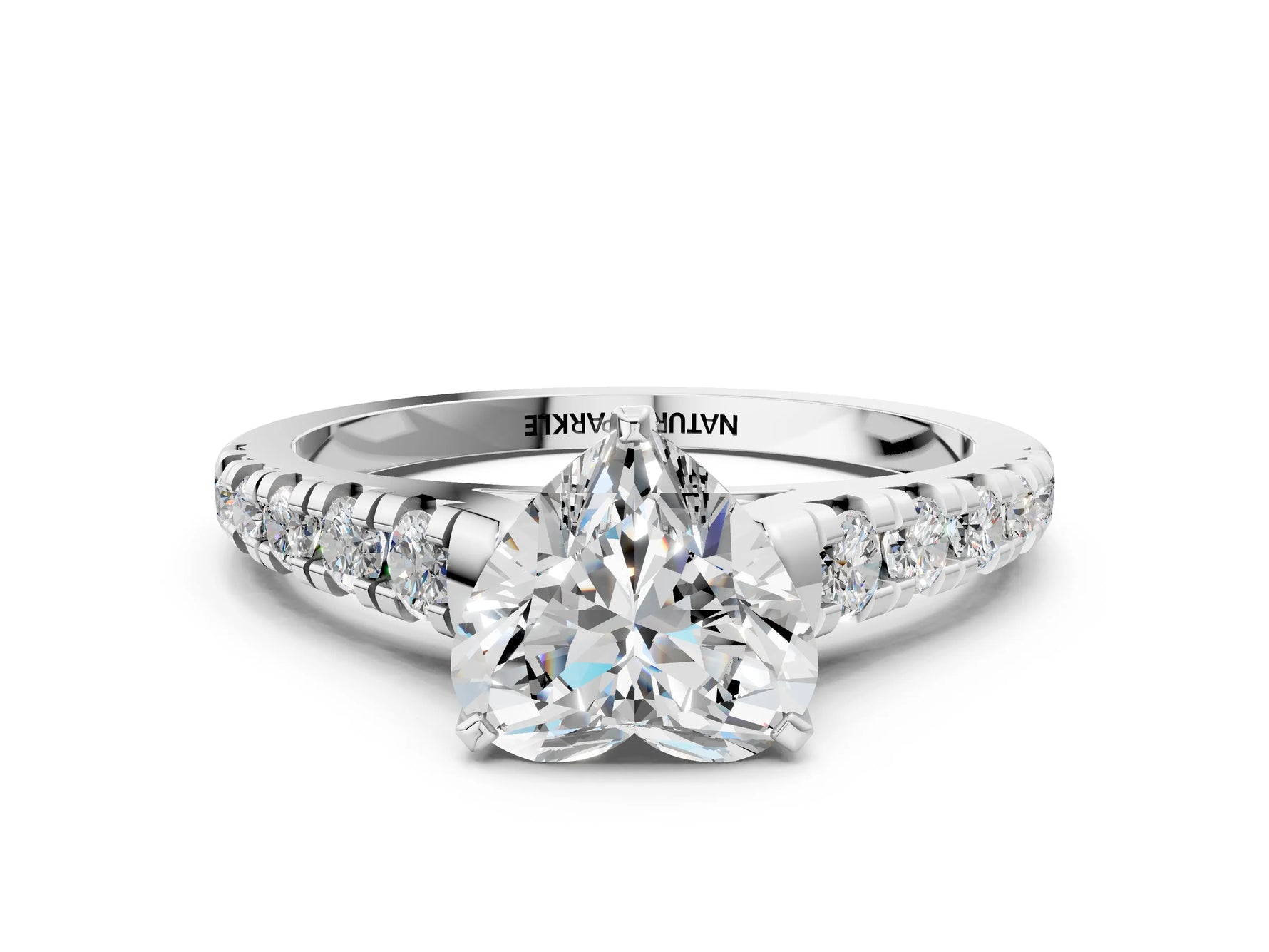 Heart Cut Diamond Vintage Scroll Solitaire Ring in White gold with Graduated Round Side Stones_6