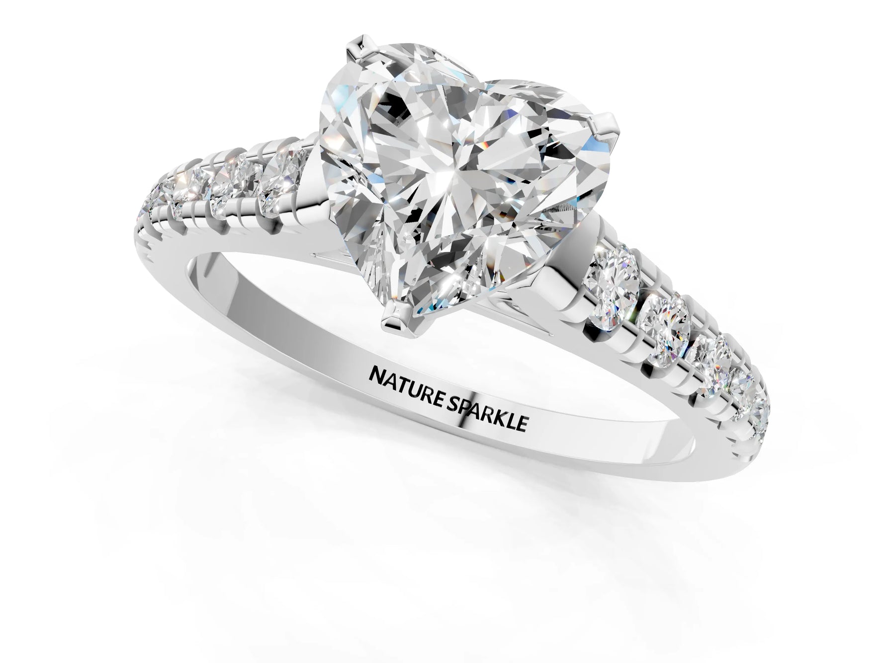 Heart Cut Diamond Vintage Scroll Solitaire Ring in White gold with Graduated Round Side Stones_7