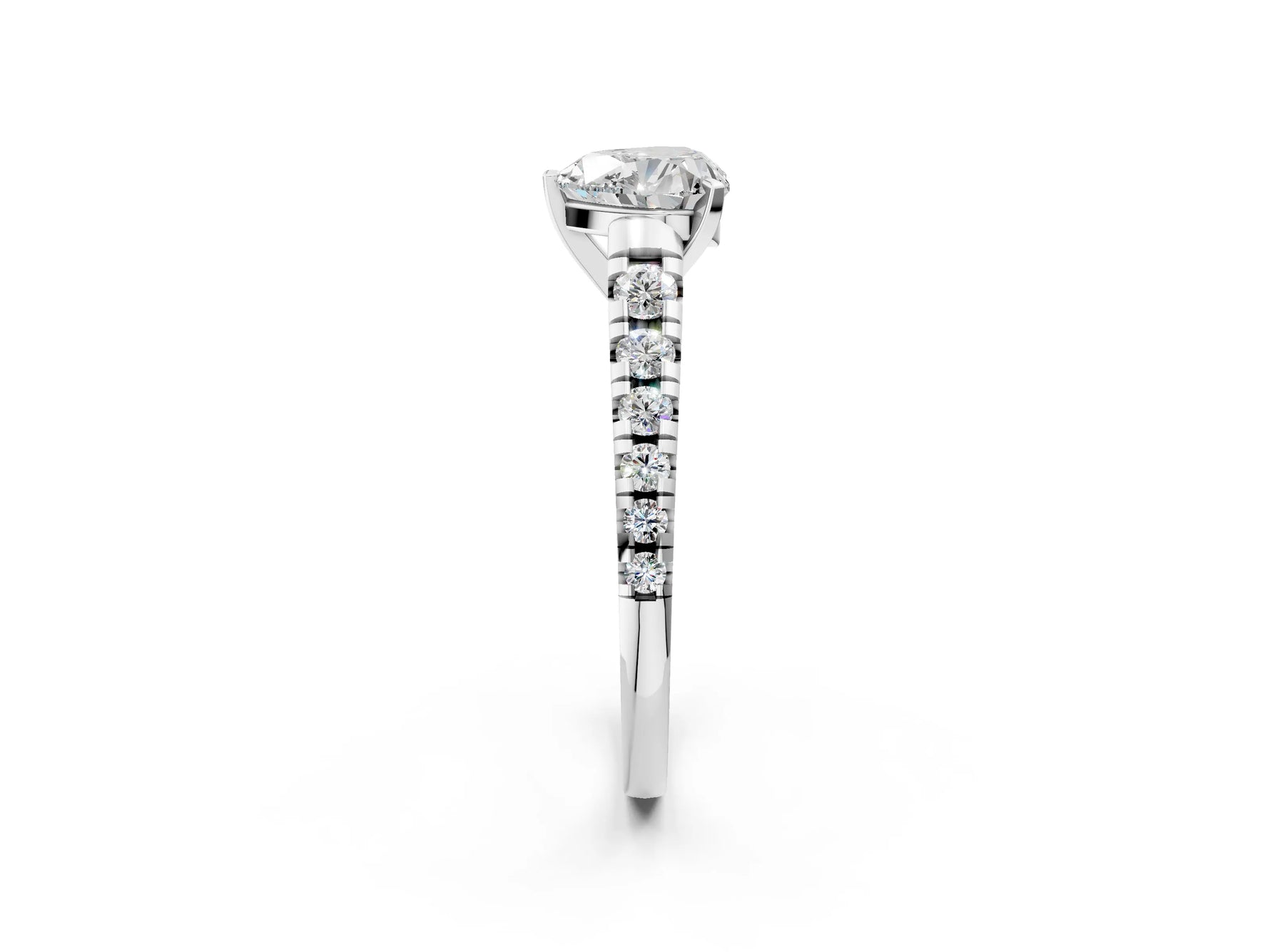 Heart Cut Diamond Vintage Scroll Solitaire Ring in White gold with Graduated Round Side Stones_8