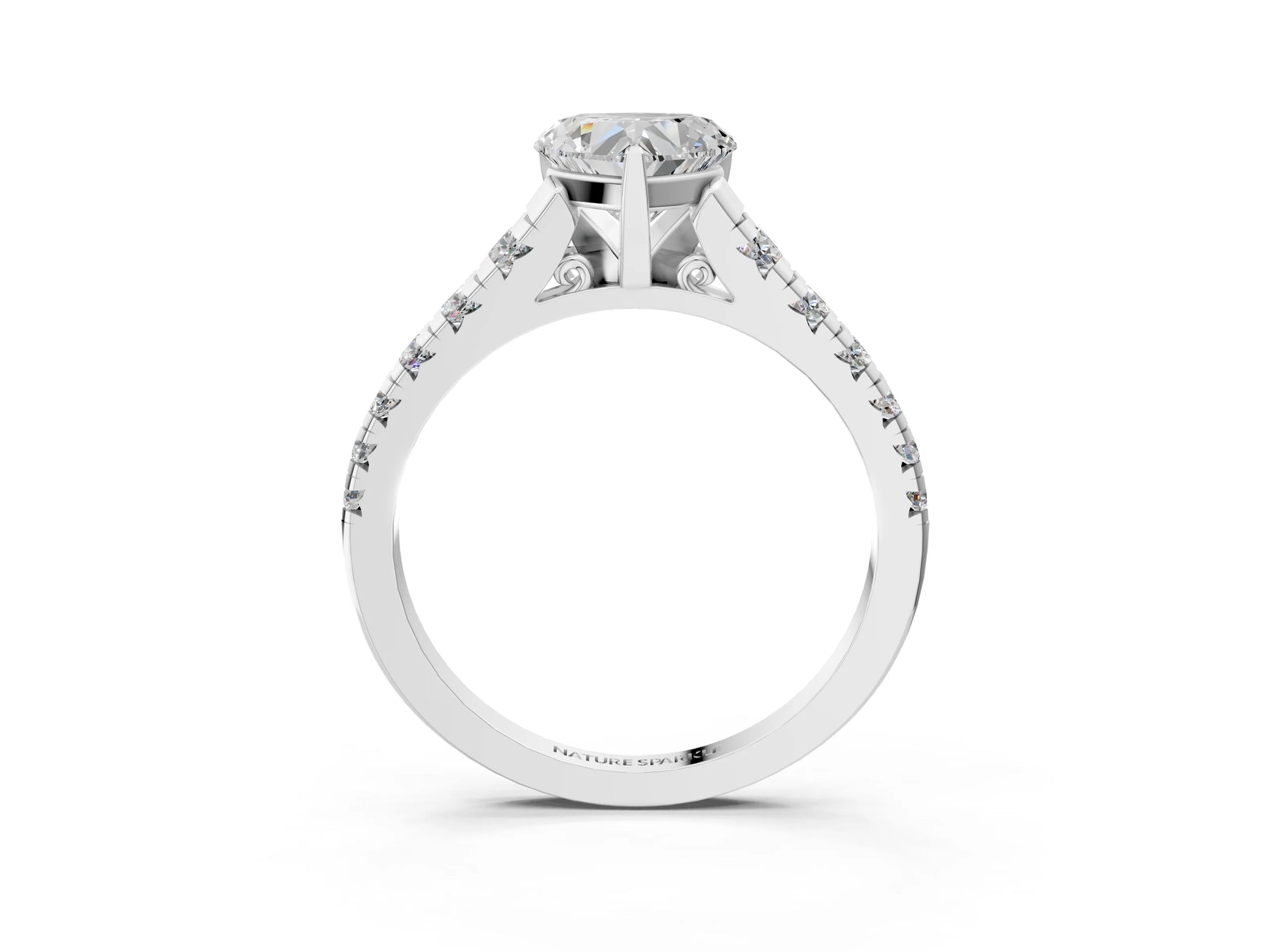 Heart Cut Diamond Vintage Scroll Solitaire Ring in White gold with Graduated Round Side Stones_9
