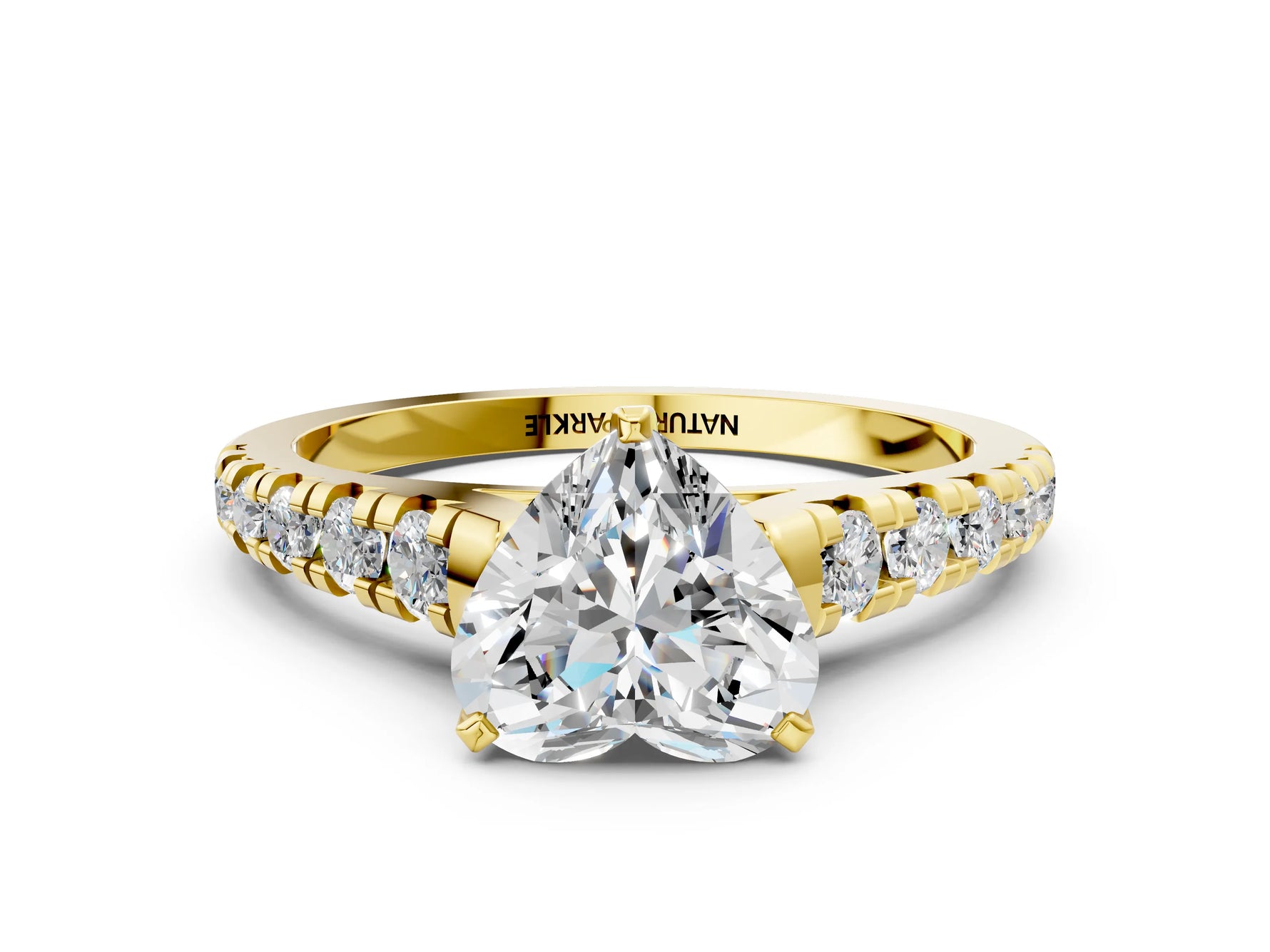 Heart Cut Diamond Vintage Scroll Solitaire Ring in Yellow gold with Graduated Round Side Stones_12