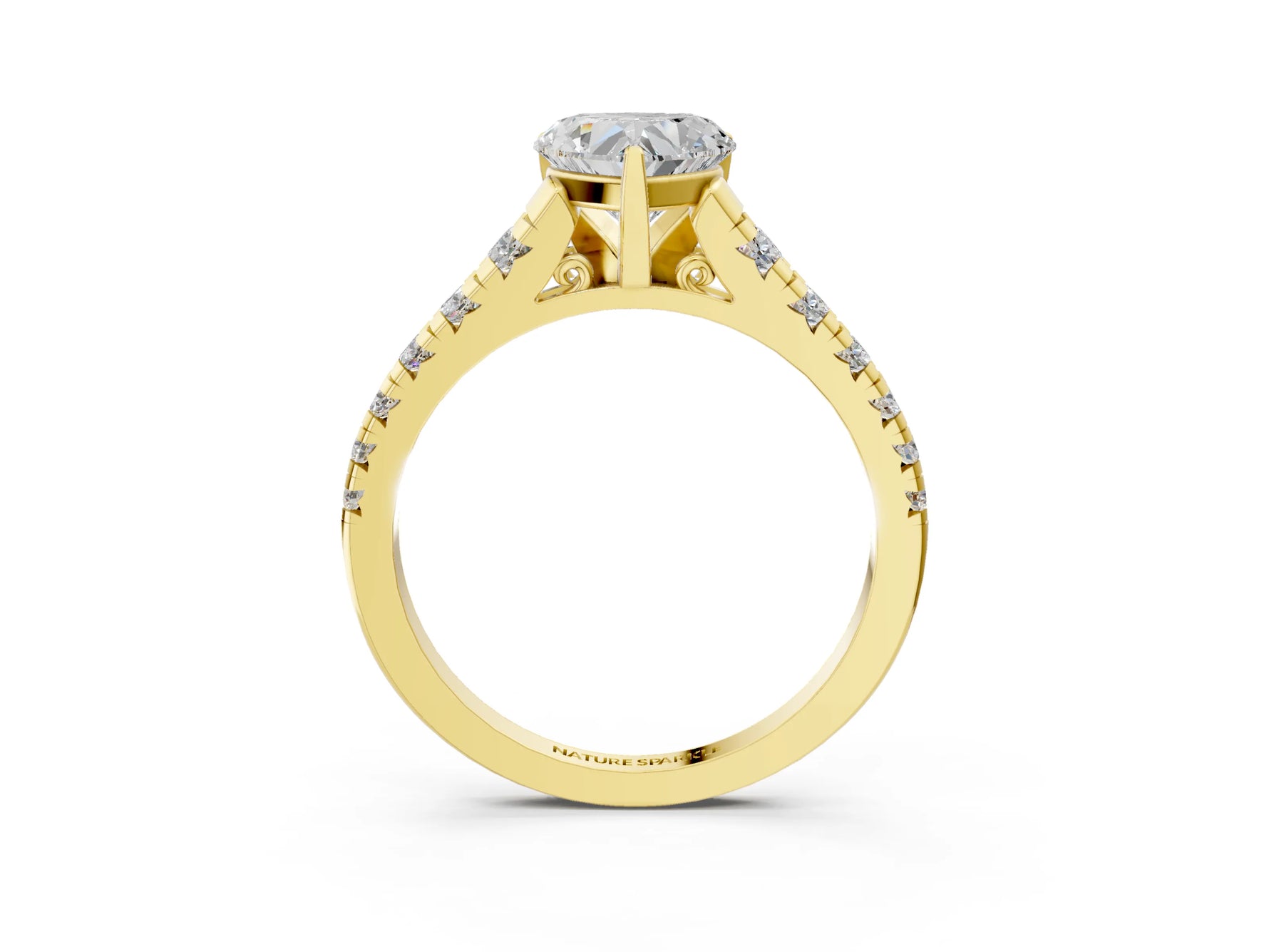 Heart Cut Diamond Vintage Scroll Solitaire Ring in Yellow gold with Graduated Round Side Stones_15