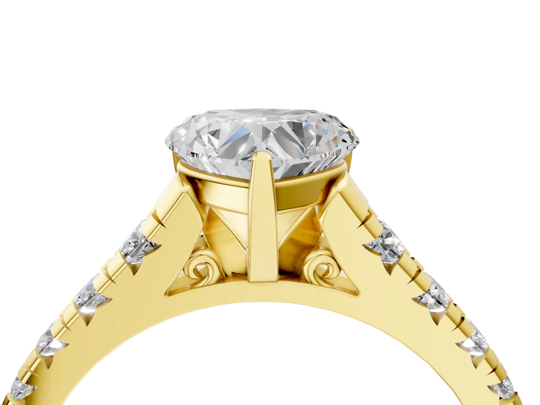 Heart Cut Diamond Vintage Scroll Solitaire Ring in Yellow gold with Graduated Round Side Stones_16