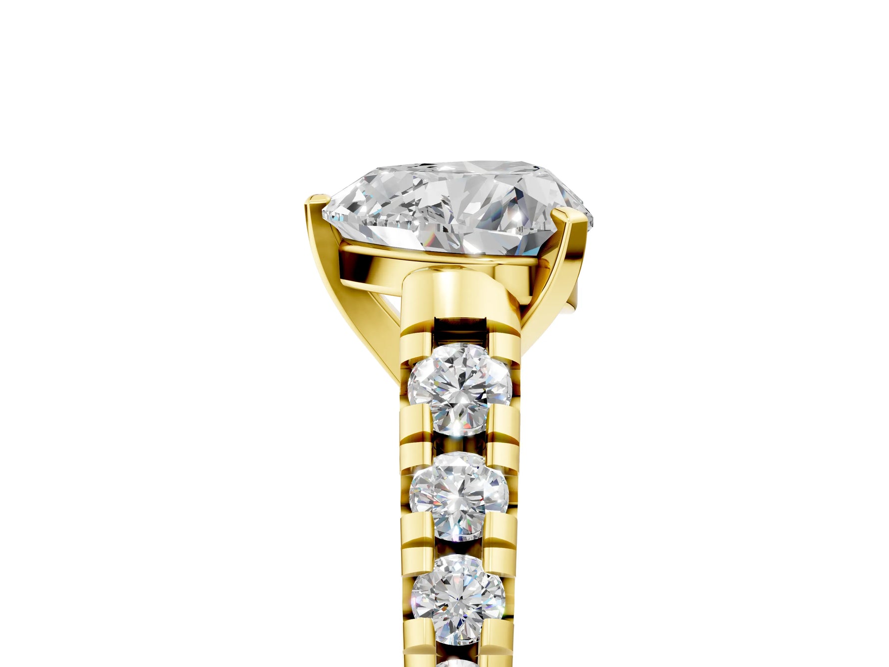 Heart Cut Diamond Vintage Scroll Solitaire Ring in Yellow gold with Graduated Round Side Stones_17