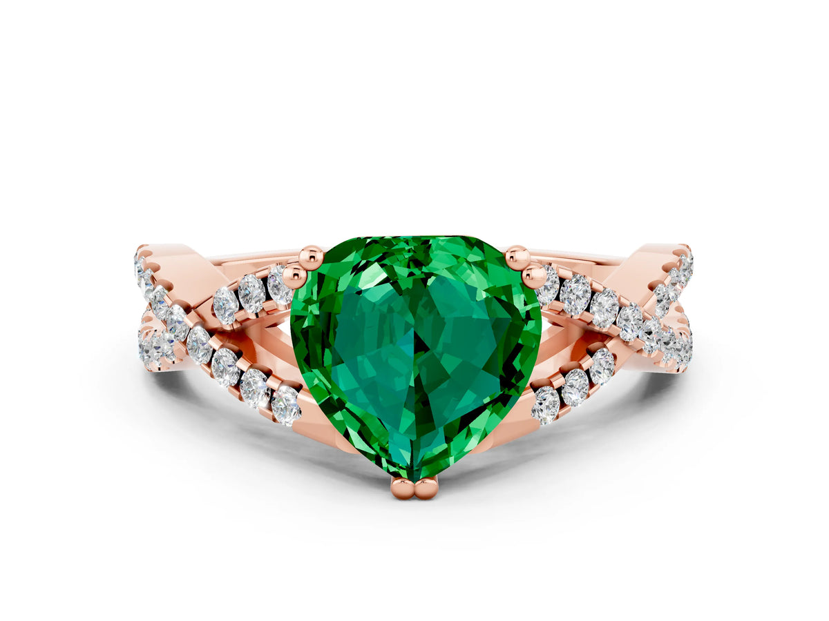 Heart Cut Emerald Solitaire Ring in Rose gold with Interwoven Pavé Band and Prong Setting