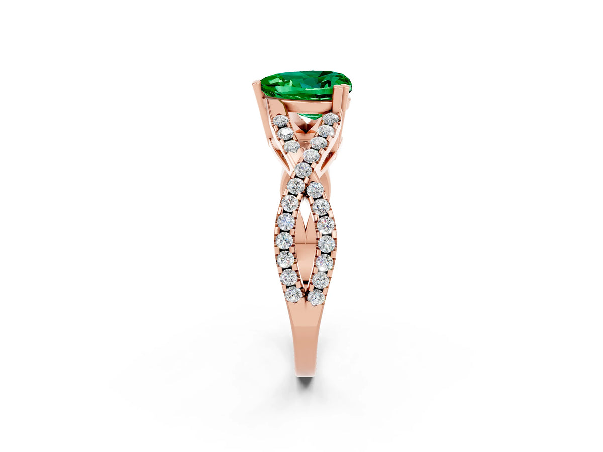Heart Cut Emerald Solitaire Ring in Rose gold with Interwoven Pavé Band and Prong Setting_2