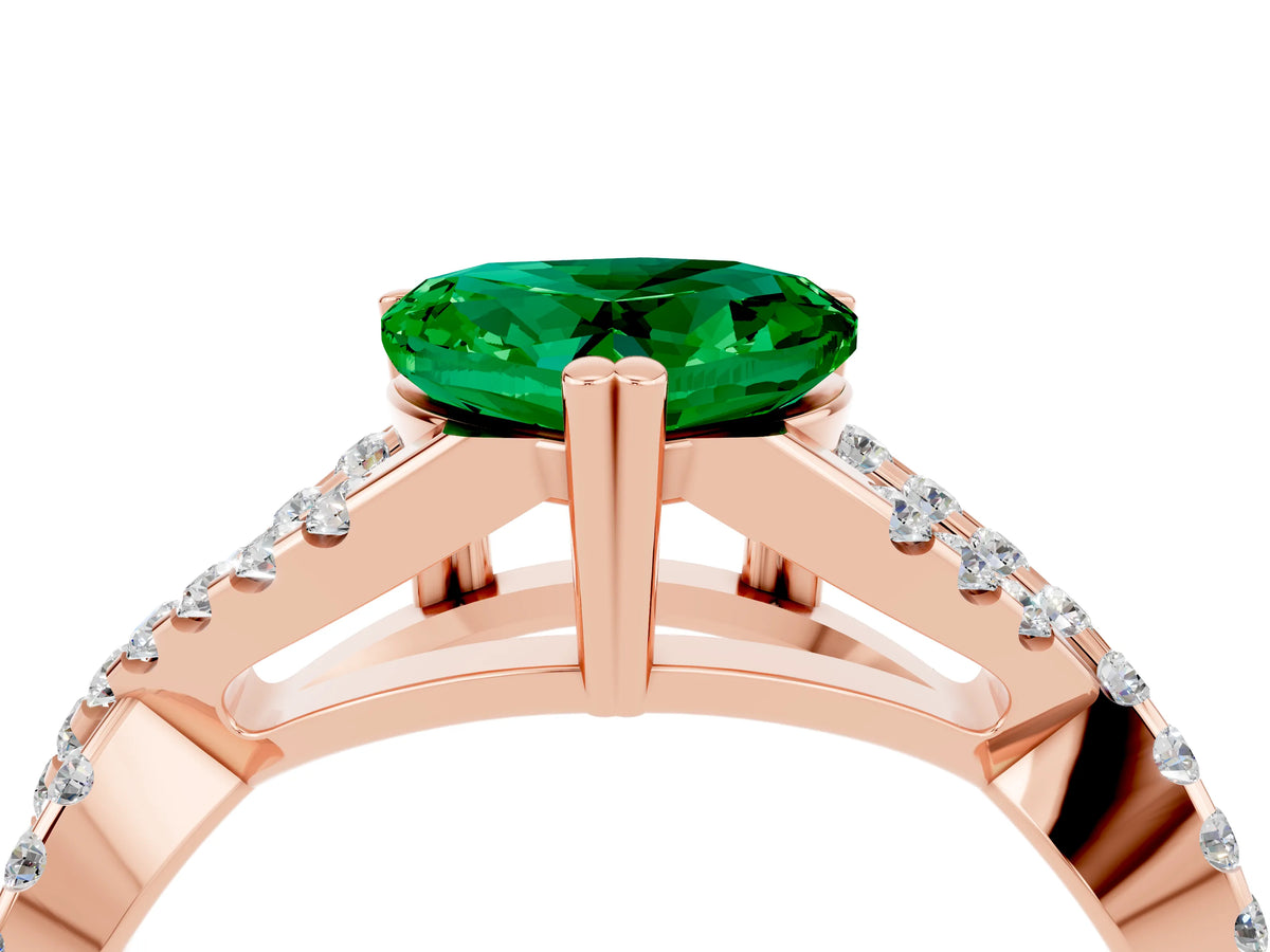 Heart Cut Emerald Solitaire Ring in Rose gold with Interwoven Pavé Band and Prong Setting_4