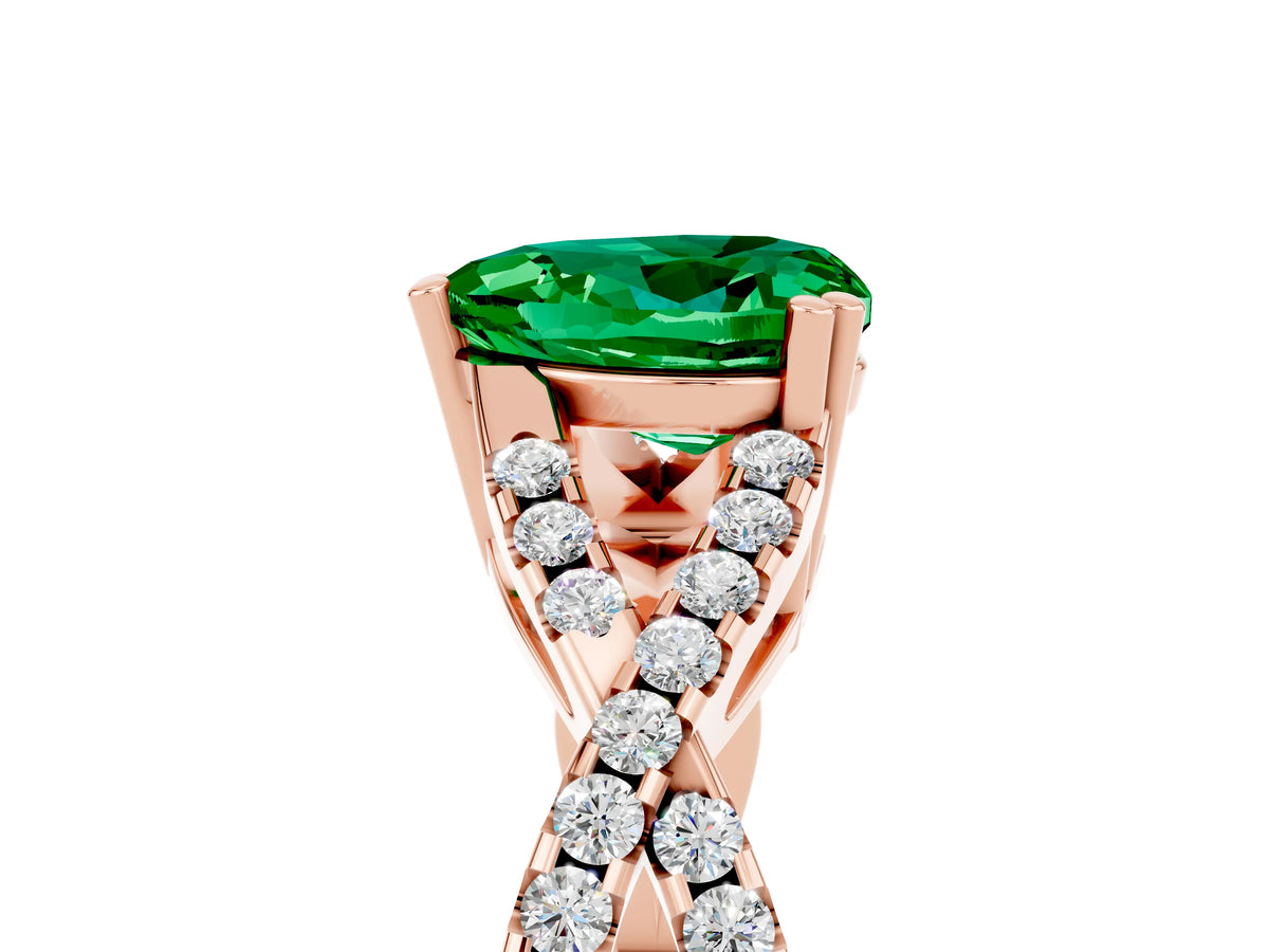 Heart Cut Emerald Solitaire Ring in Rose gold with Interwoven Pavé Band and Prong Setting_5