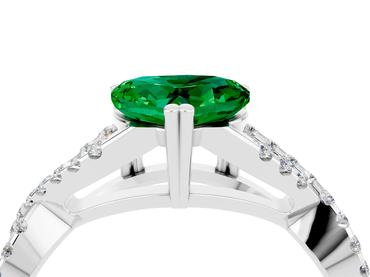 Heart Cut Emerald Solitaire Ring in Silver with Interwoven Pavé Band and Prong Setting_10