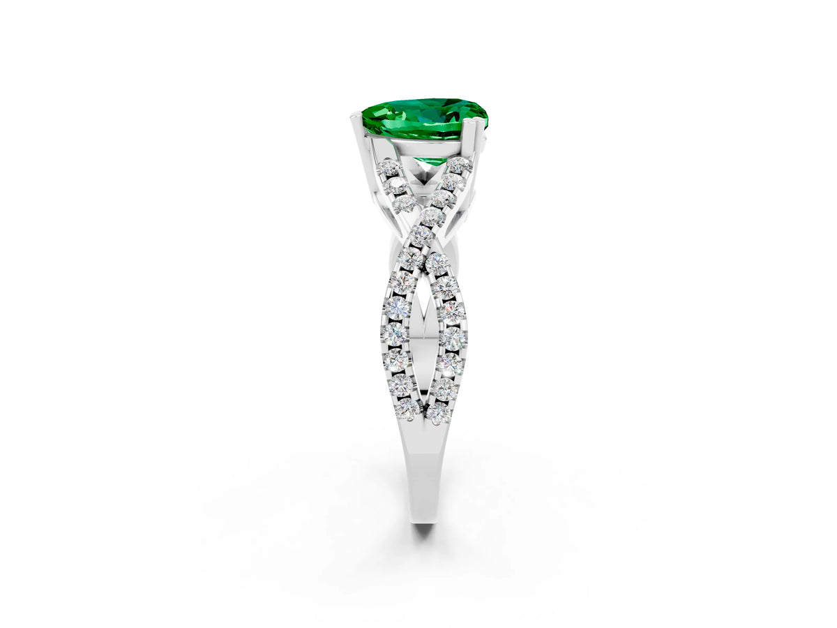 Heart Cut Emerald Solitaire Ring in Silver with Interwoven Pavé Band and Prong Setting_8