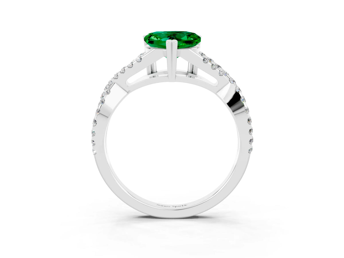 Heart Cut Emerald Solitaire Ring in Silver with Interwoven Pavé Band and Prong Setting_9