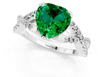 Heart Cut Emerald Solitaire Ring in White gold with Interwoven Pavé Band and Prong Setting_1