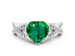 Heart Cut Emerald Solitaire Ring in White gold with Interwoven Pavé Band and Prong Setting