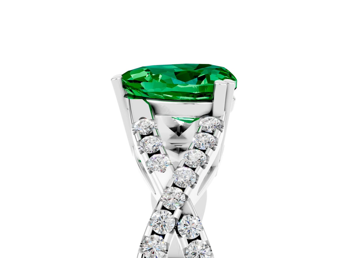 Heart Cut Emerald Solitaire Ring in White gold with Interwoven Pavé Band and Prong Setting_5