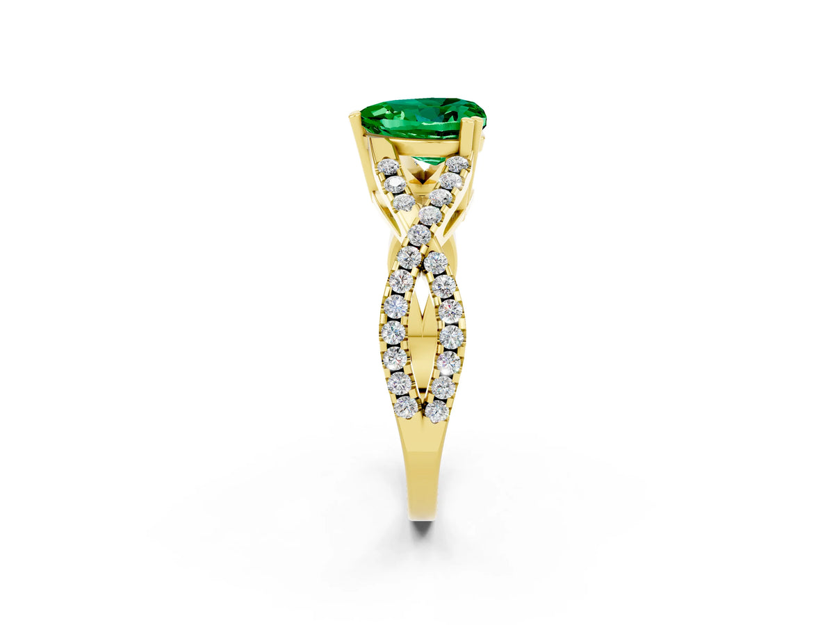 Heart Cut Emerald Solitaire Ring in Yellow gold with Interwoven Pavé Band and Prong Setting_2