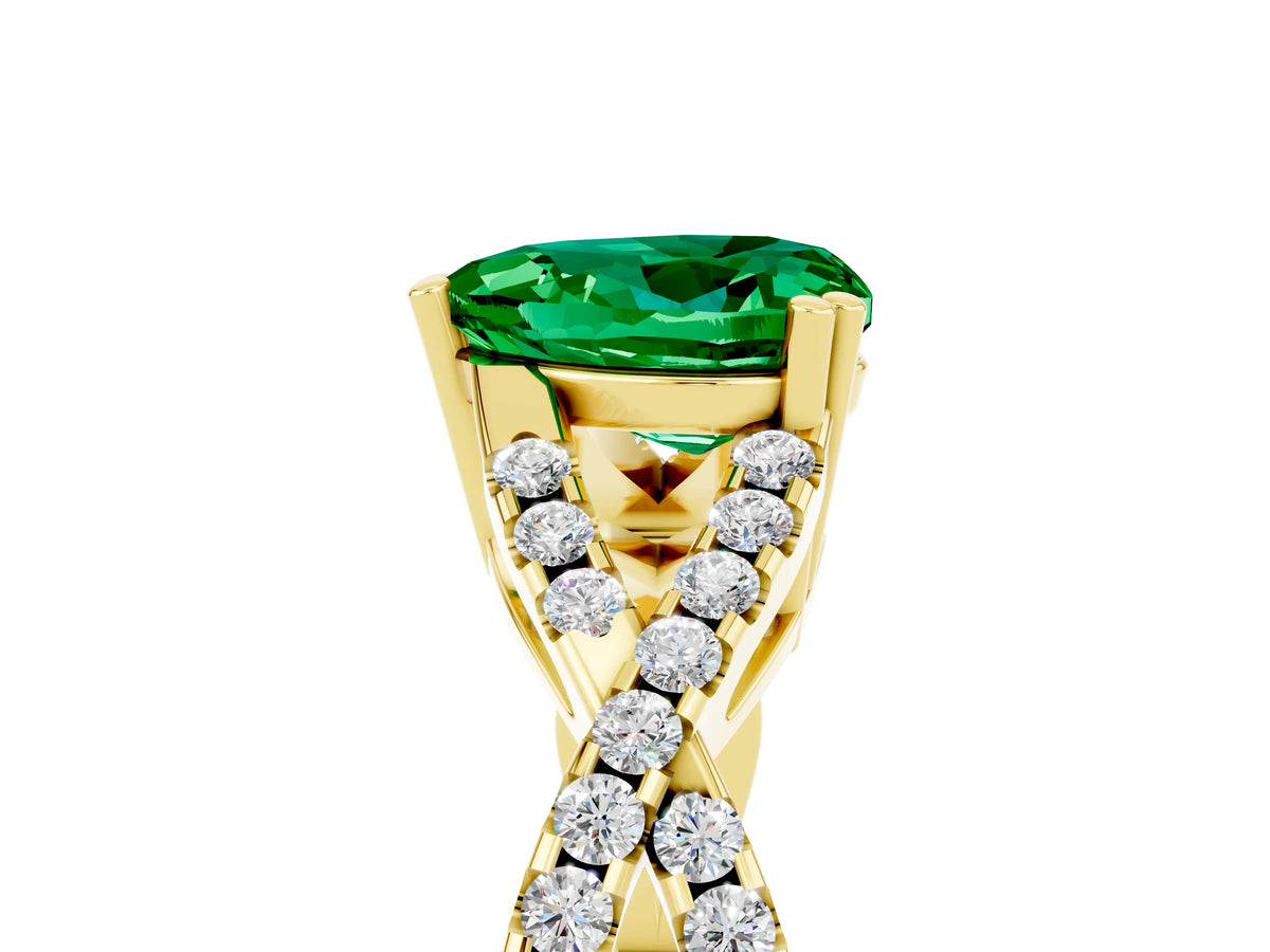 Heart Cut Emerald Solitaire Ring in Yellow gold with Interwoven Pavé Band and Prong Setting_5