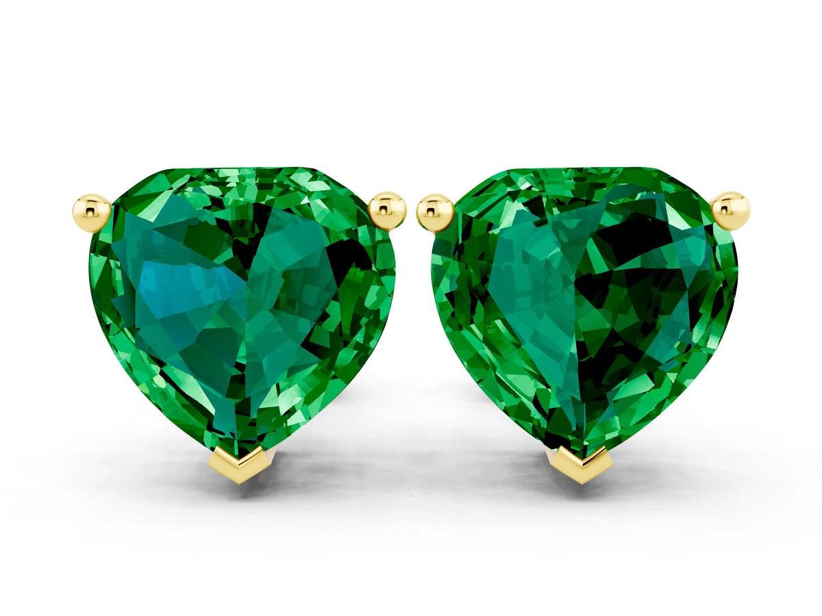 Heart Cut Emerald Stud Earrings in Yellow gold with Basket Setting