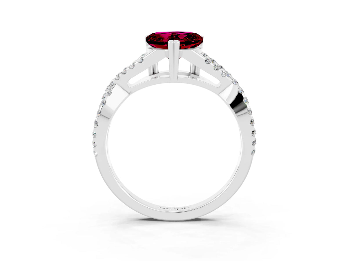 Heart Cut Garnet Solitaire Ring in White gold with Interwoven Pavé Band and Prong Setting_3