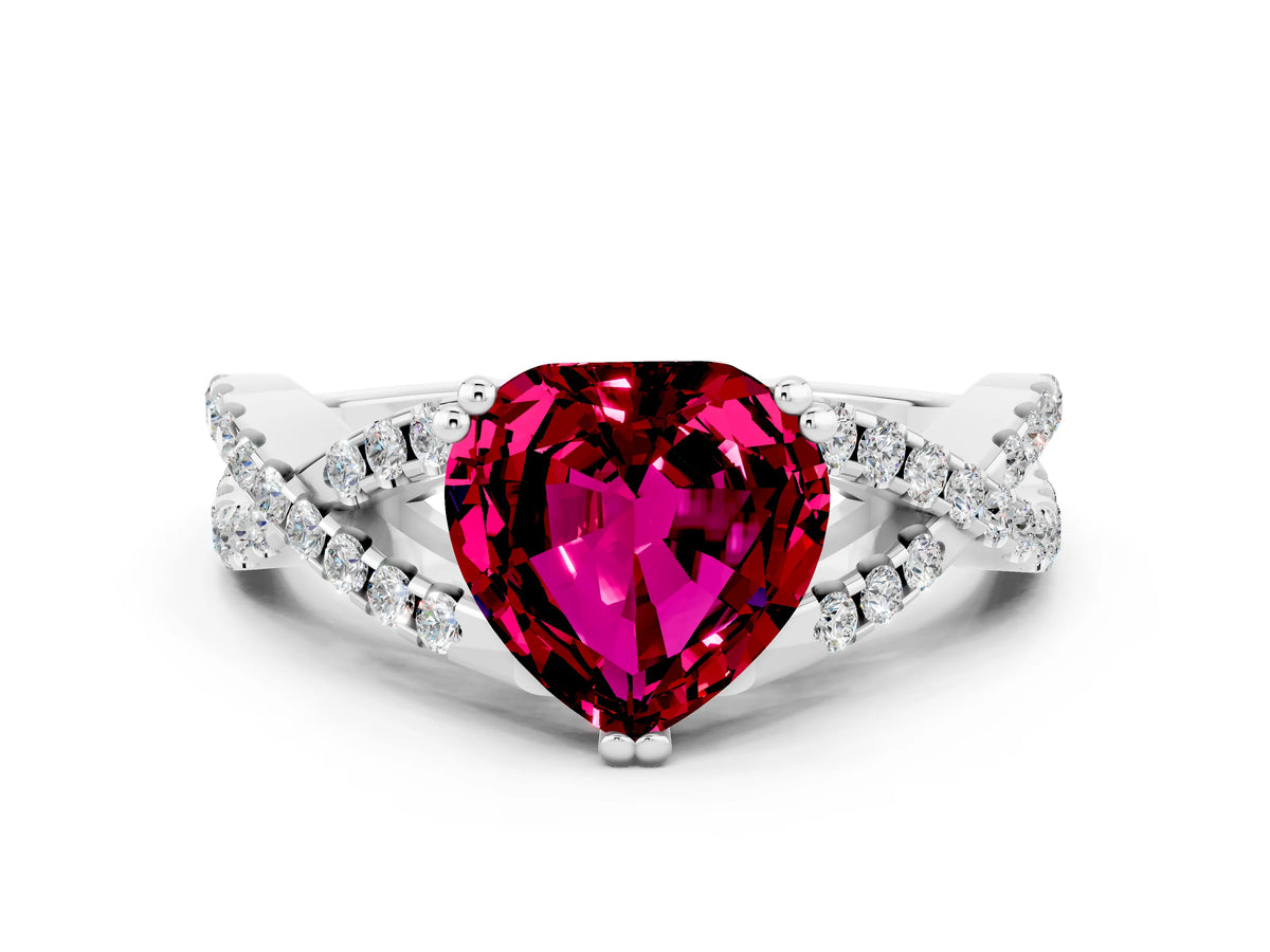 Heart Cut Garnet Solitaire Ring in White gold with Interwoven Pavé Band and Prong Setting
