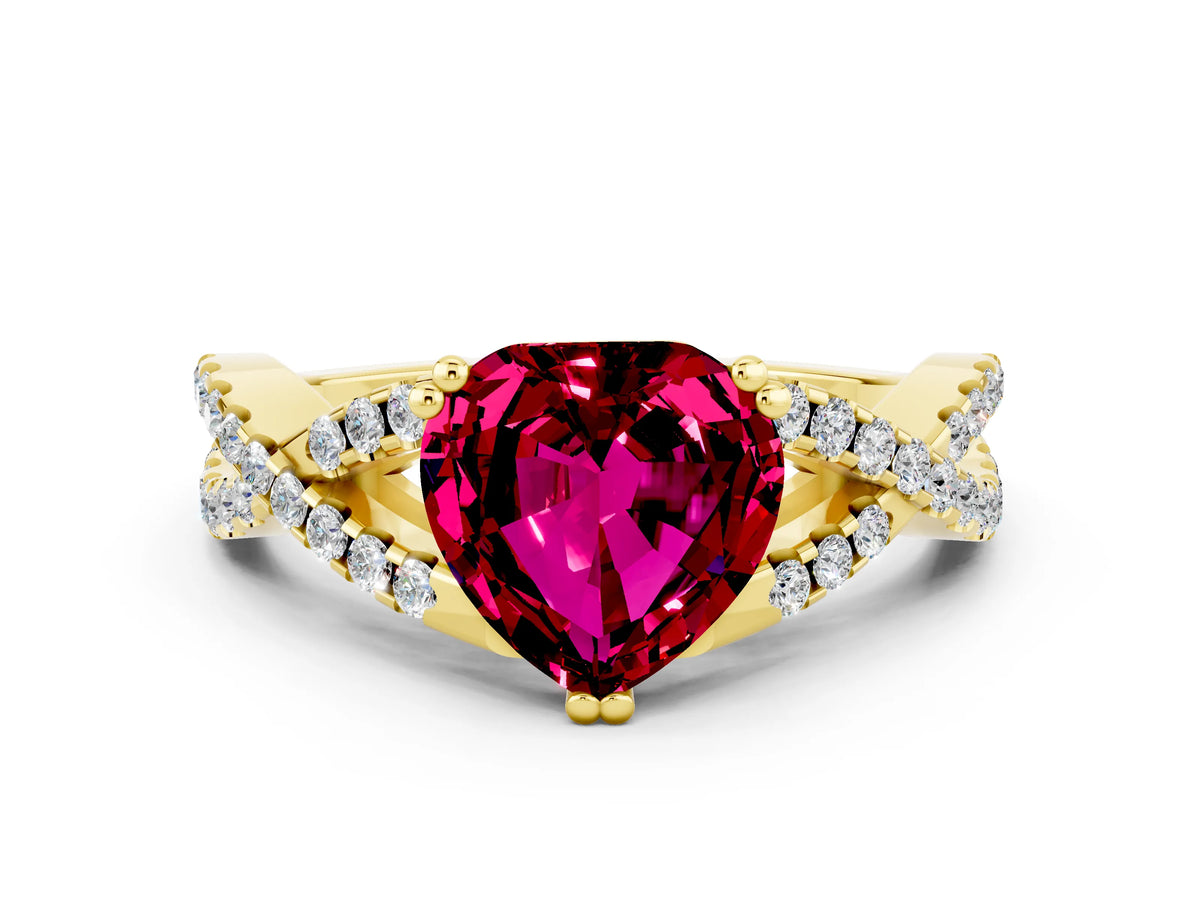 Heart Cut Garnet Solitaire Ring in Yellow gold with Interwoven Pavé Band and Prong Setting