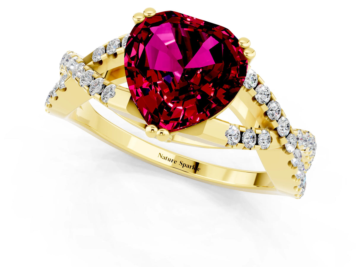 Heart Cut Garnet Solitaire Ring in Yellow gold with Interwoven Pavé Band and Prong Setting_1