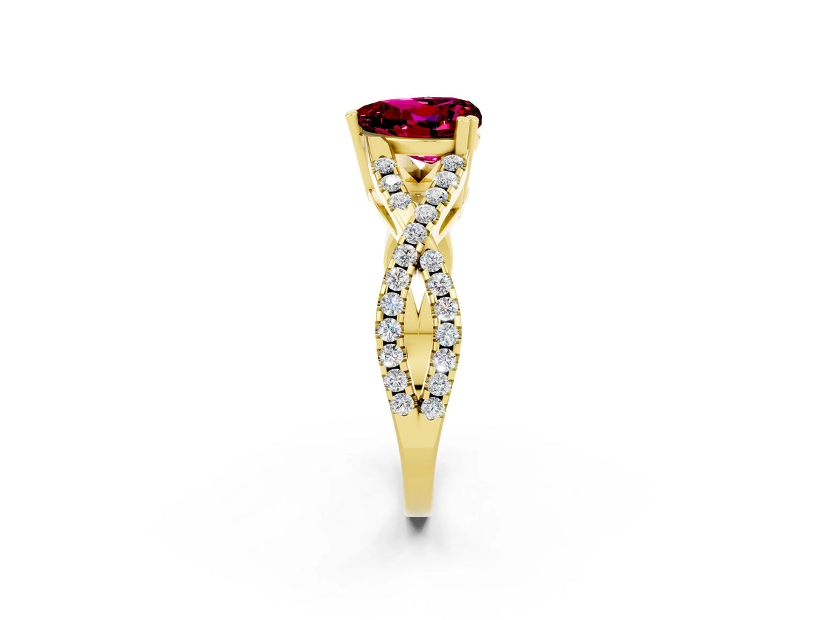Heart Cut Garnet Solitaire Ring in Yellow gold with Interwoven Pavé Band and Prong Setting_2
