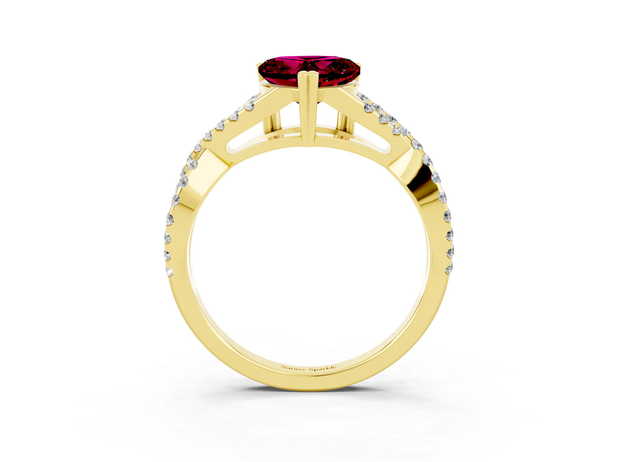 Heart Cut Garnet Solitaire Ring in Yellow gold with Interwoven Pavé Band and Prong Setting_3