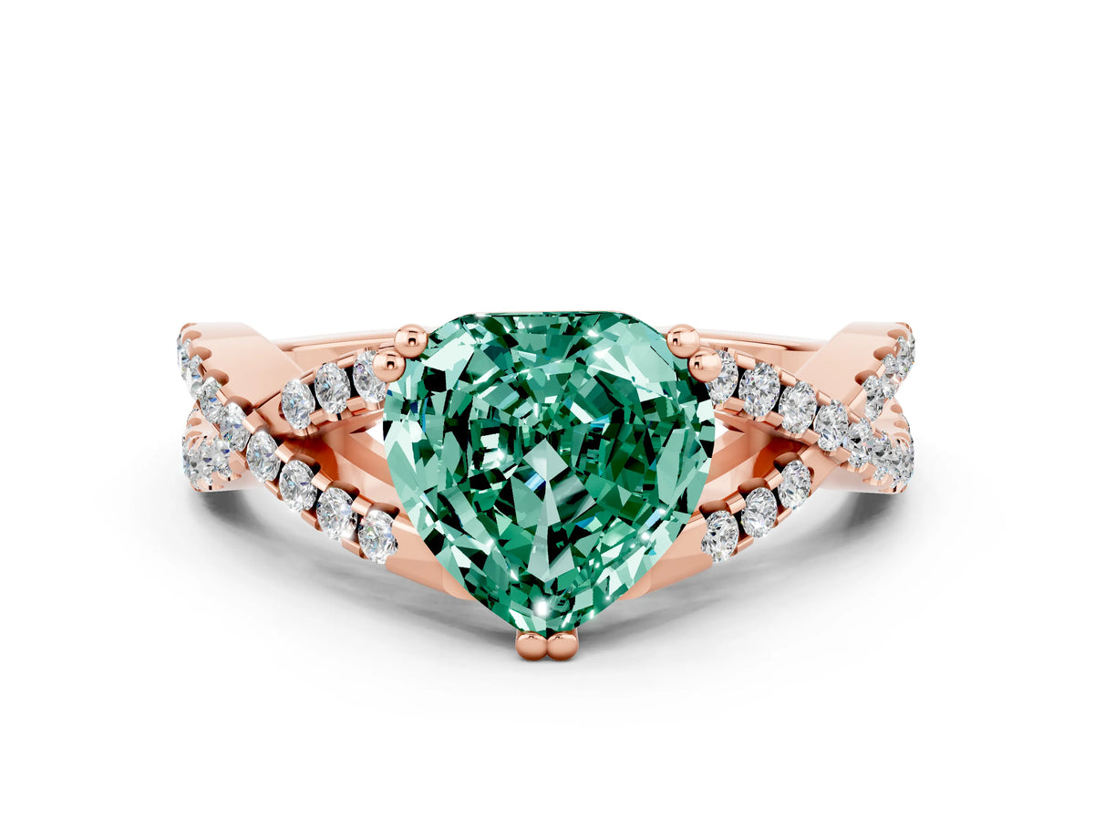 Heart Cut Green Sapphire Solitaire Ring in Rose gold with Interwoven Pavé Band and Prong Setting