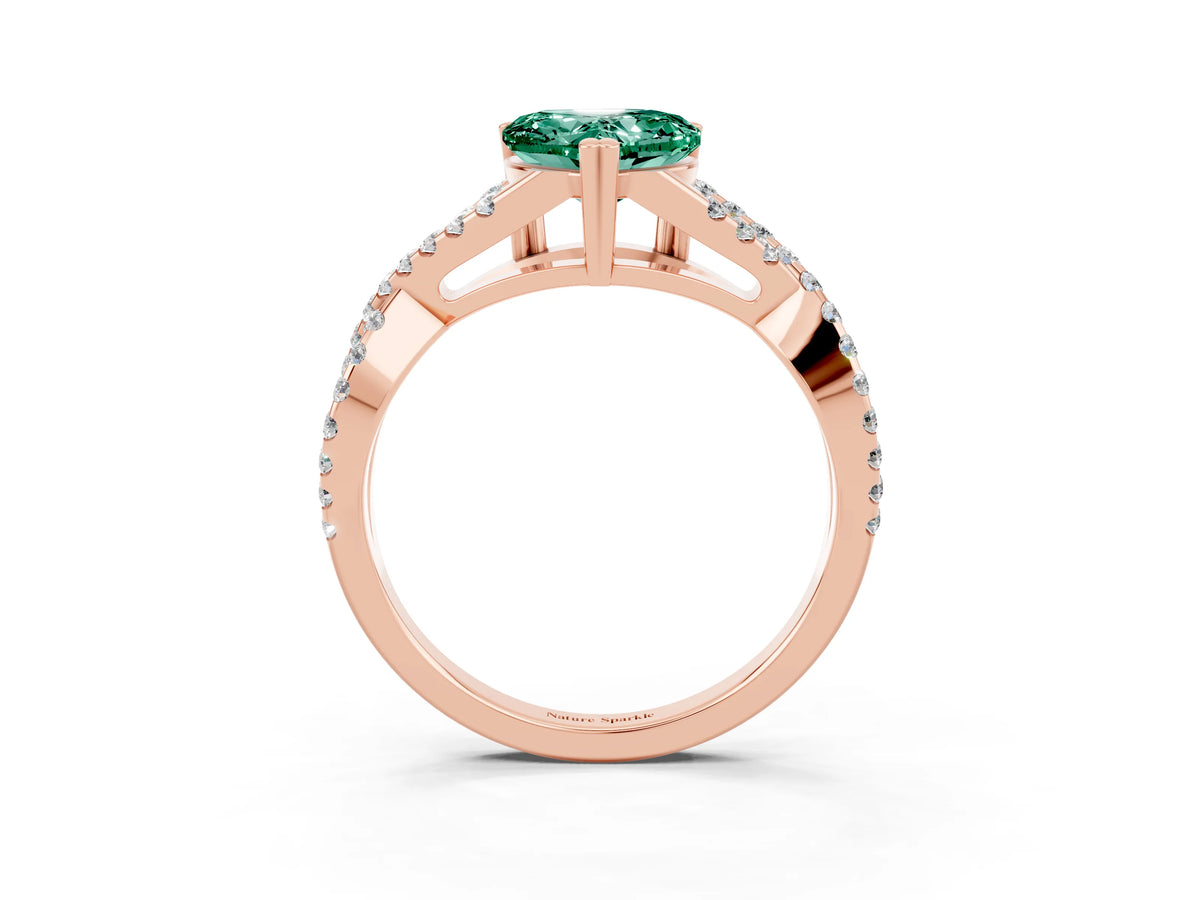 Heart Cut Green Sapphire Solitaire Ring in Rose gold with Interwoven Pavé Band and Prong Setting_3