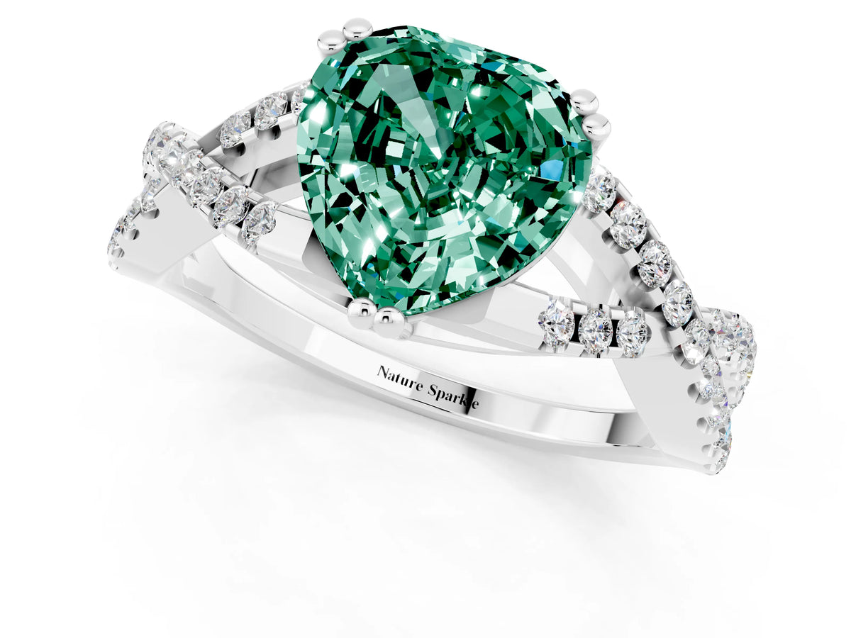 Heart Cut Green Sapphire Solitaire Ring in White gold with Interwoven Pavé Band and Prong Setting_1
