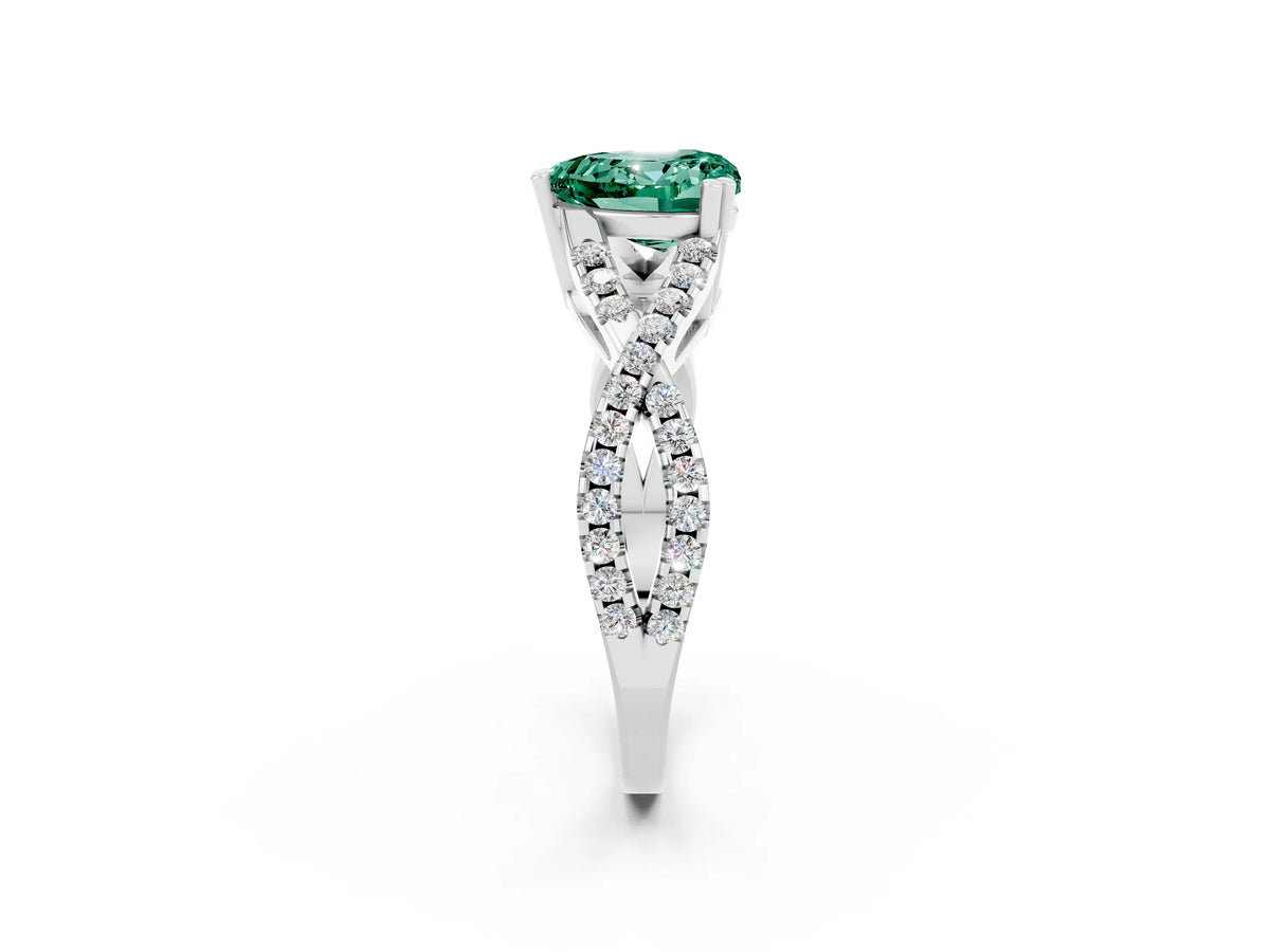 Heart Cut Green Sapphire Solitaire Ring in White gold with Interwoven Pavé Band and Prong Setting_2