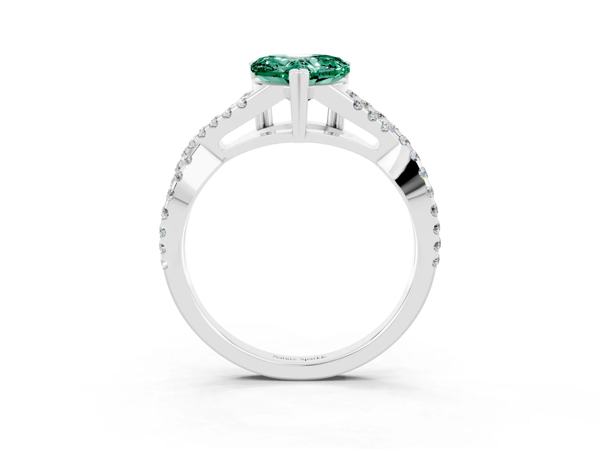 Heart Cut Green Sapphire Solitaire Ring in White gold with Interwoven Pavé Band and Prong Setting_3