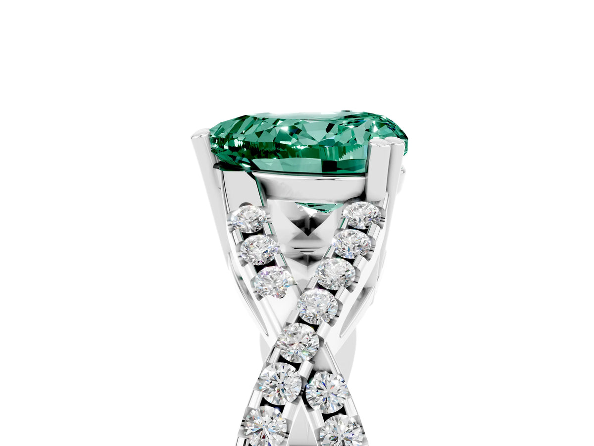Heart Cut Green Sapphire Solitaire Ring in White gold with Interwoven Pavé Band and Prong Setting_5