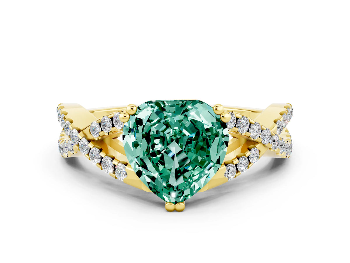 Heart Cut Green Sapphire Solitaire Ring in Yellow gold with Interwoven Pavé Band and Prong Setting
