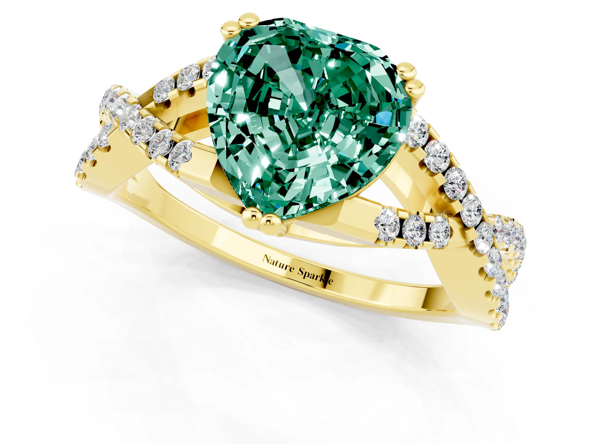 Heart Cut Green Sapphire Solitaire Ring in Yellow gold with Interwoven Pavé Band and Prong Setting_1
