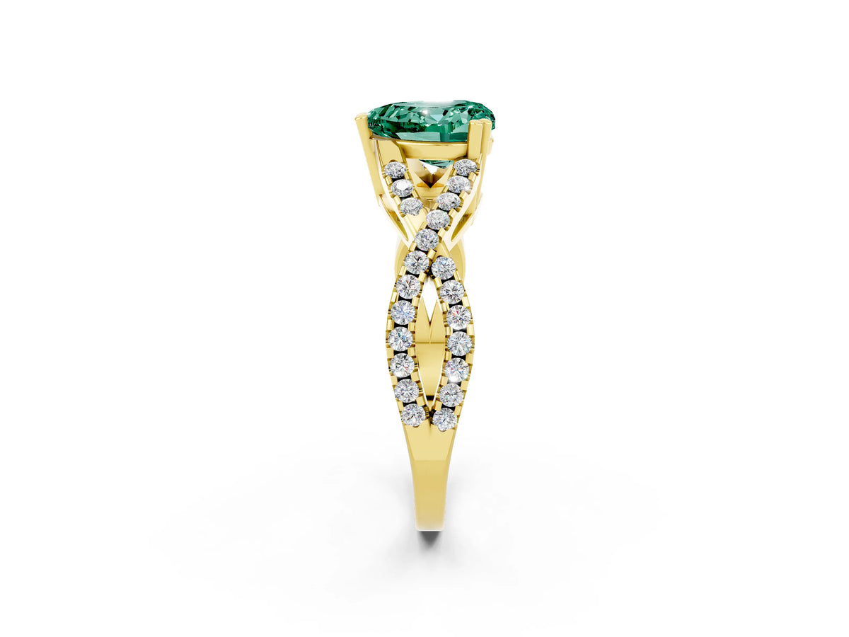 Heart Cut Green Sapphire Solitaire Ring in Yellow gold with Interwoven Pavé Band and Prong Setting_2